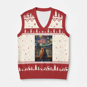 Starry Night Cat Patriotic American Pride V-Neck Knit Sweater Vest TS12 Beige Red Print Your Wear