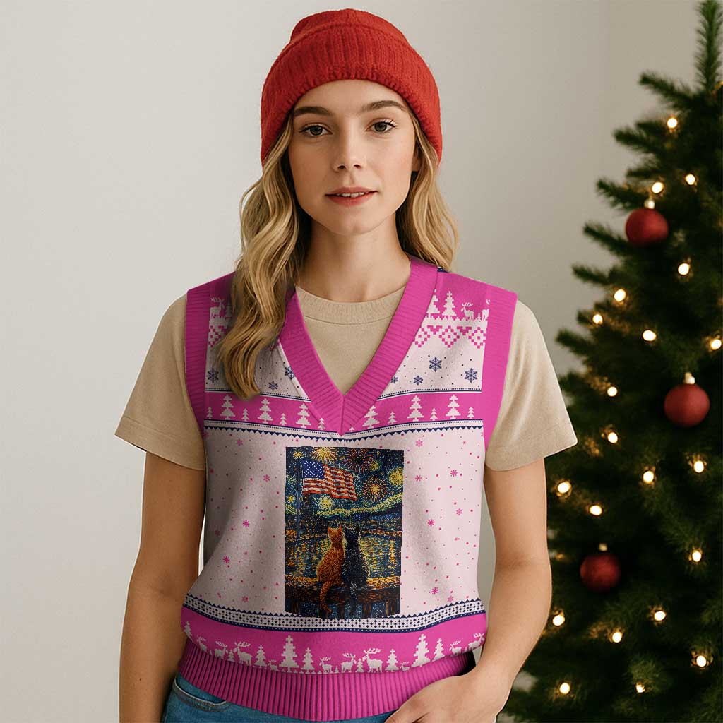 Starry Night Cat Patriotic American Pride V-Neck Knit Sweater Vest TS12 Hot Pink Print Your Wear