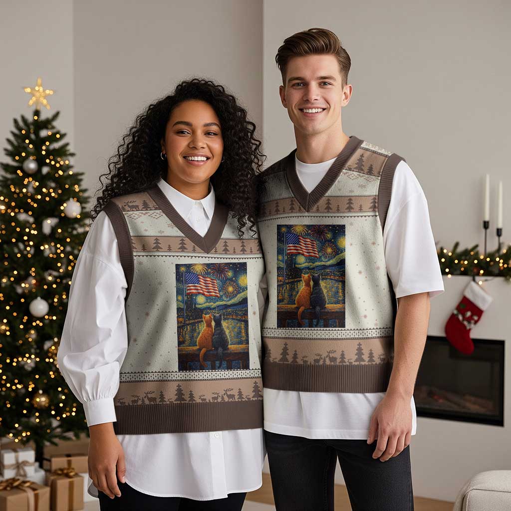 Starry Night Cat Patriotic American Pride V-Neck Knit Sweater Vest TS12 Mocha Mousse Print Your Wear