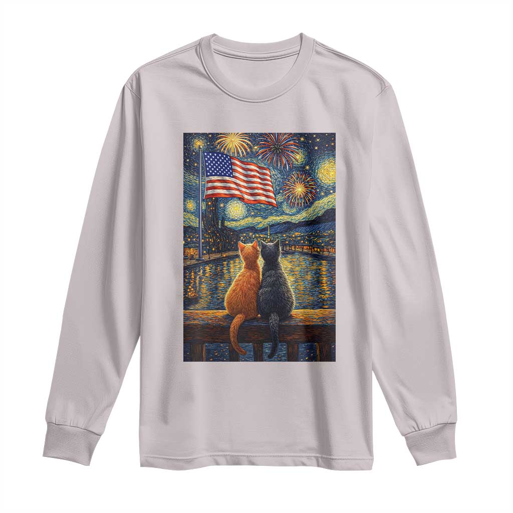 Starry Night Cat Patriotic American Pride Long Sleeve Shirt TS12 Ice Gray Print Your Wear