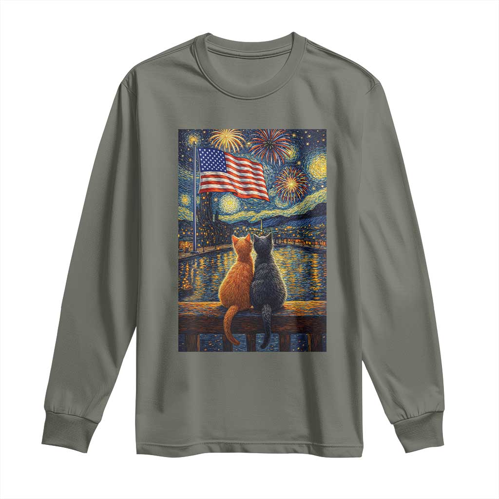 Starry Night Cat Patriotic American Pride Long Sleeve Shirt TS12 Military Green Print Your Wear