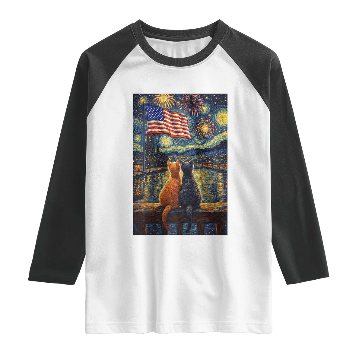 Starry Night Cat Patriotic American Pride Raglan Shirt TS12 White Black Print Your Wear