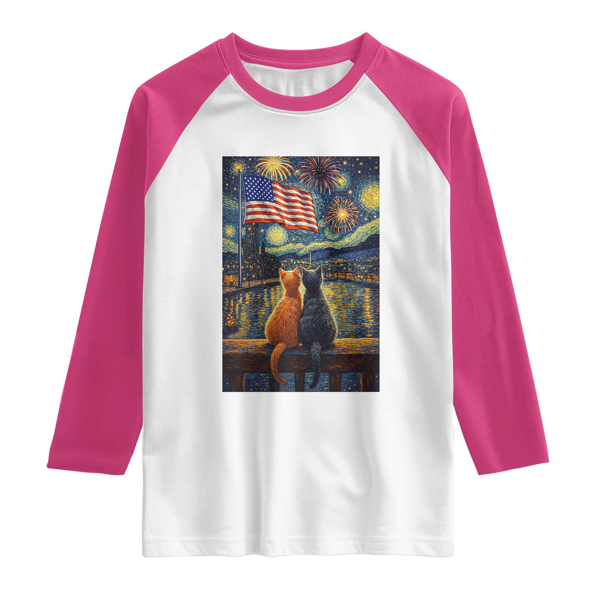 Starry Night Cat Patriotic American Pride Raglan Shirt TS12 White Heliconia Print Your Wear