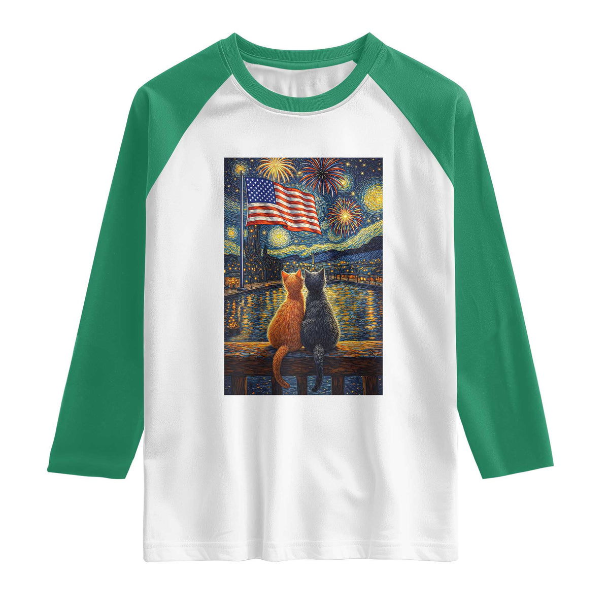 Starry Night Cat Patriotic American Pride Raglan Shirt TS12 White Kelly Green Print Your Wear