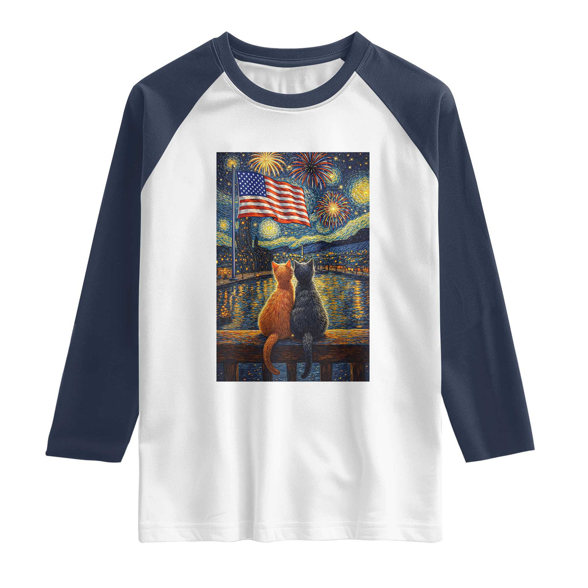 Starry Night Cat Patriotic American Pride Raglan Shirt TS12 White Navy Print Your Wear
