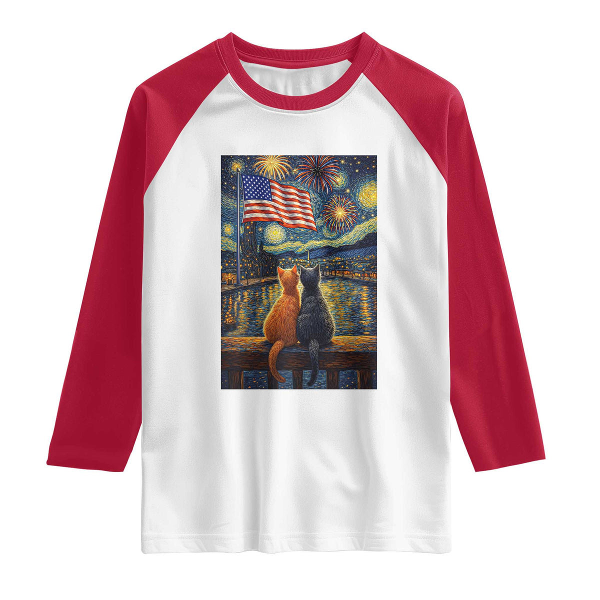 Starry Night Cat Patriotic American Pride Raglan Shirt TS12 White Red Print Your Wear