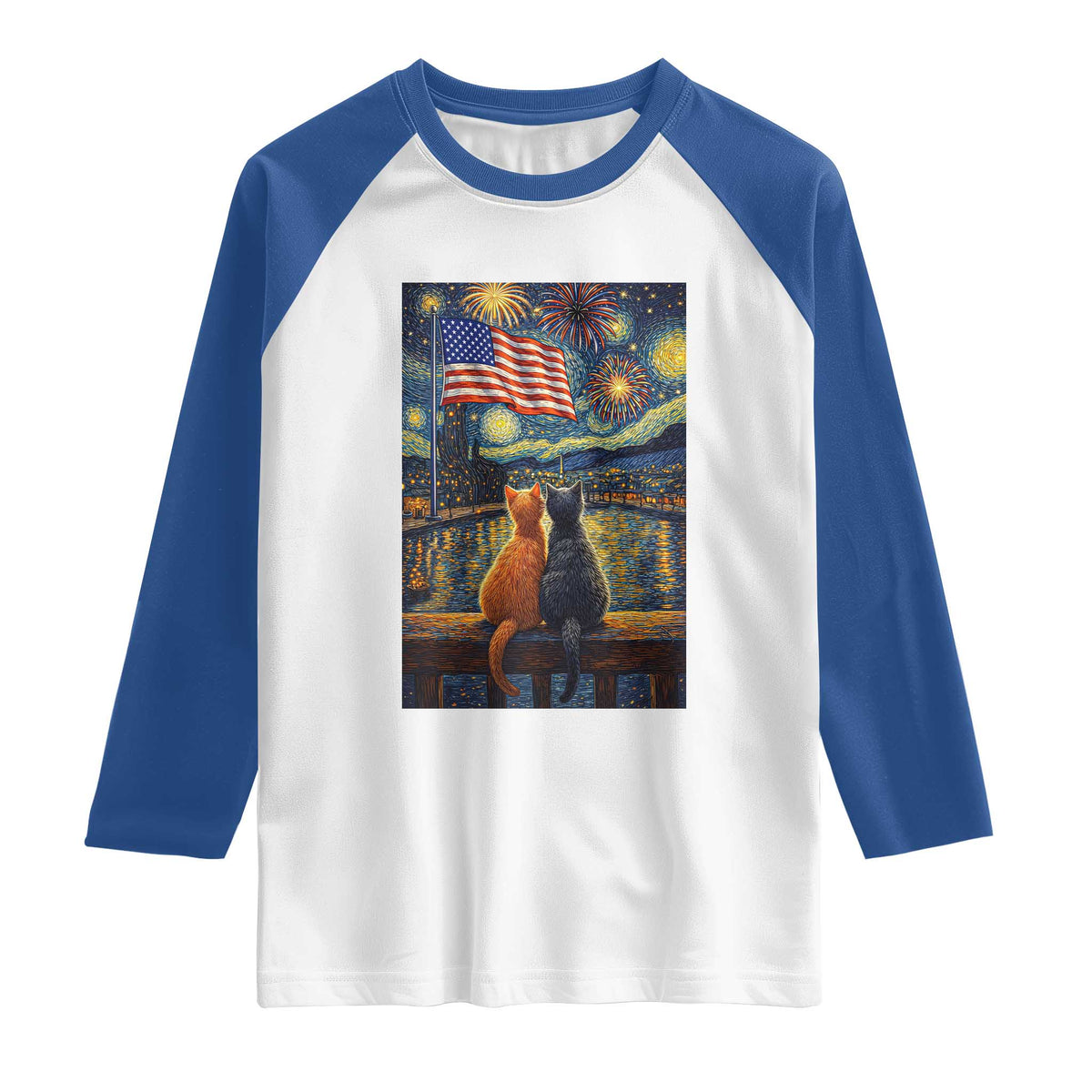 Starry Night Cat Patriotic American Pride Raglan Shirt TS12 White Royal Print Your Wear