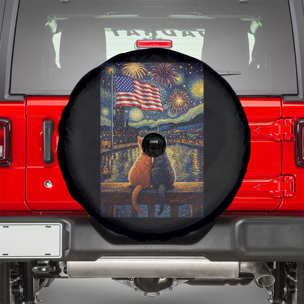 Starry Night Cat Patriotic American Pride Spare Tire Cover TS12 Black Print Your Wear