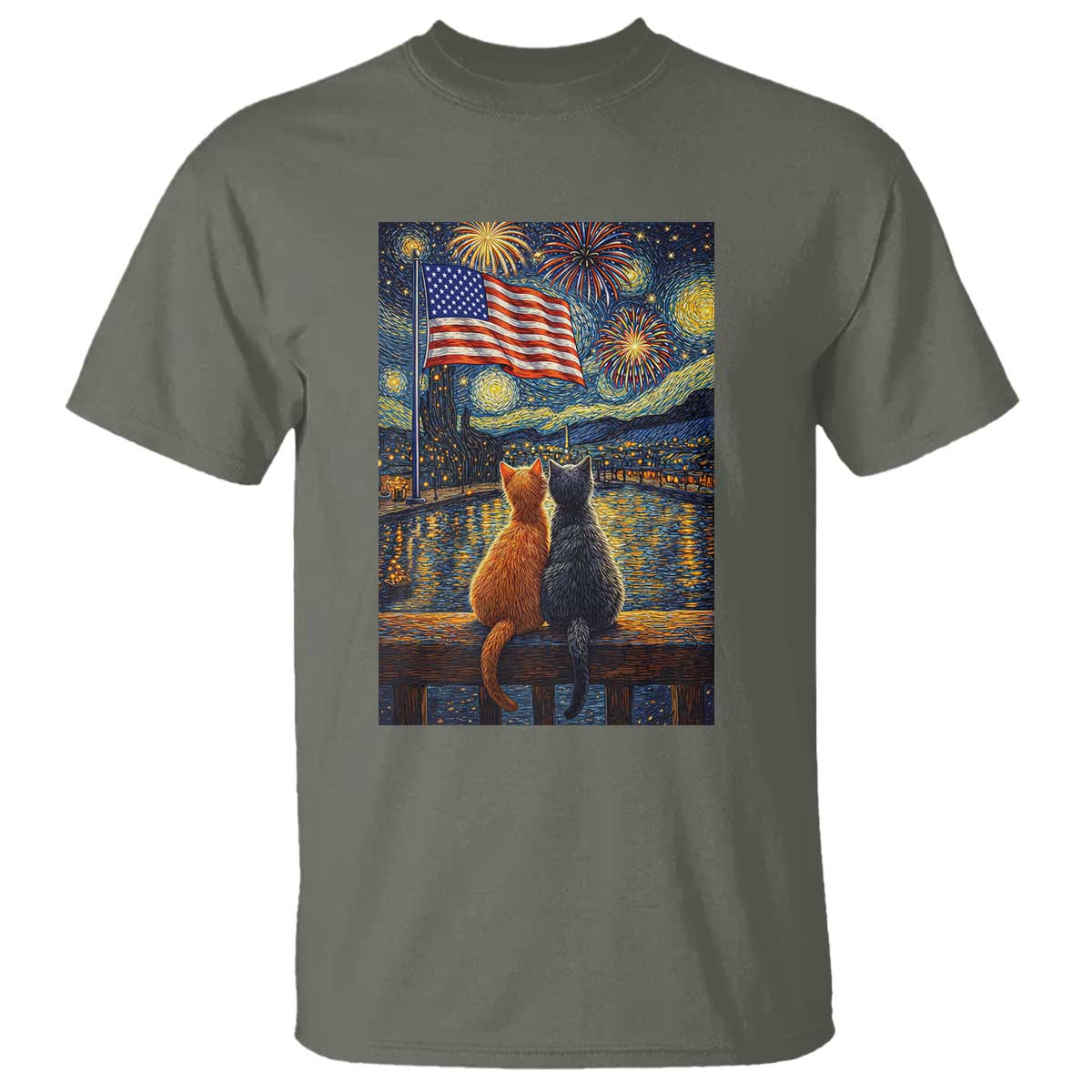 Starry Night Cat Patriotic American Pride T Shirt TS12 Military Green Print Your Wear