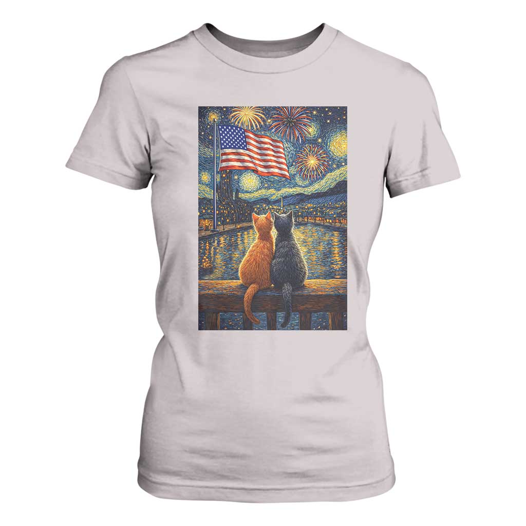Starry Night Cat Patriotic American Pride T Shirt For Women TS12 Ice Gray Print Your Wear