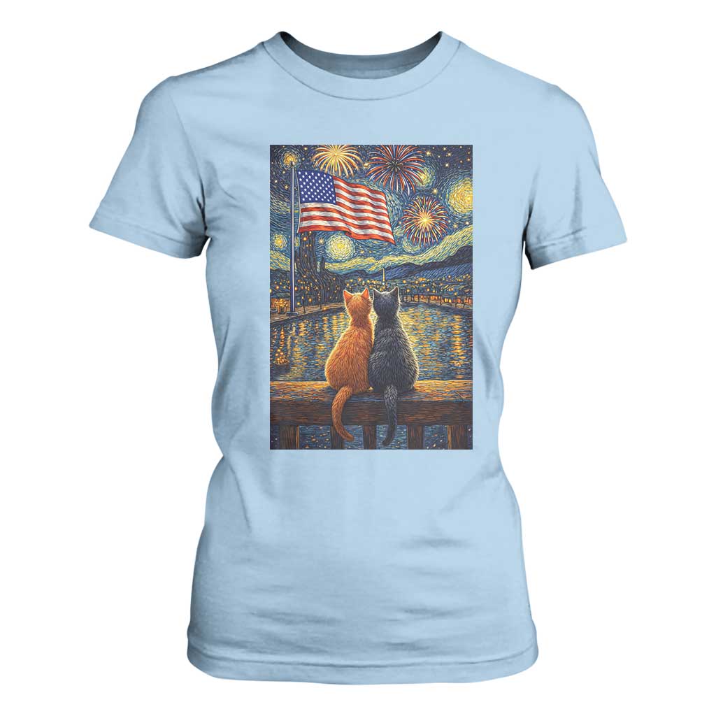 Starry Night Cat Patriotic American Pride T Shirt For Women TS12 Light Blue Print Your Wear