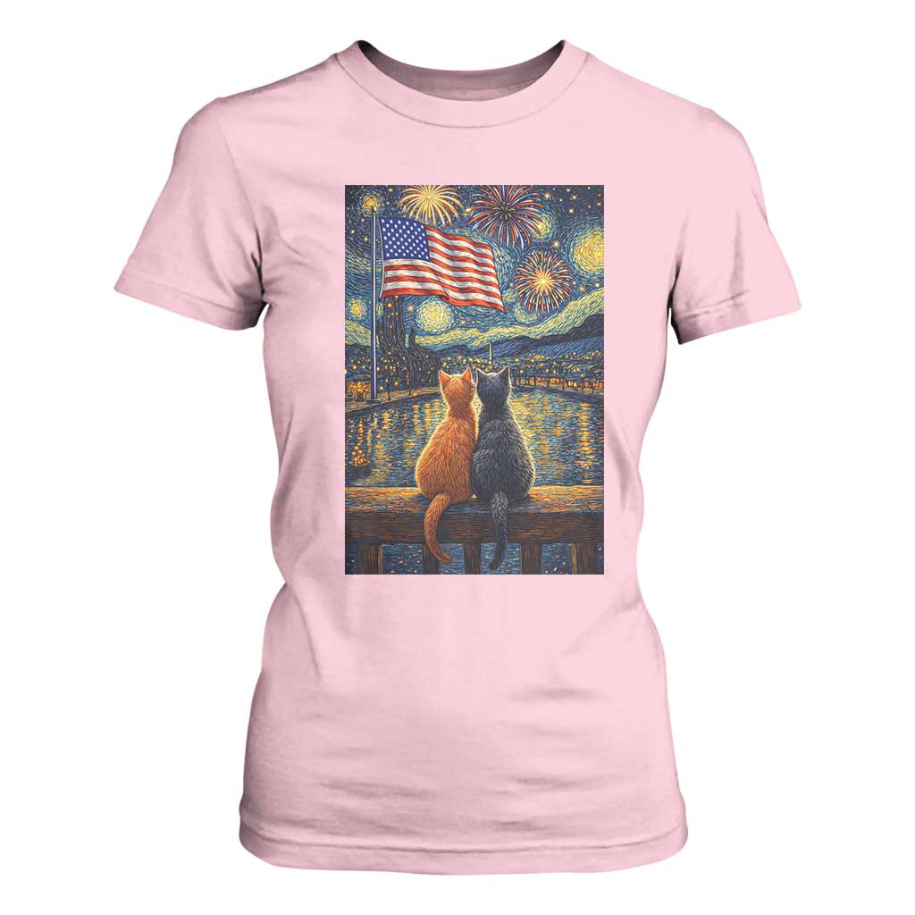 Starry Night Cat Patriotic American Pride T Shirt For Women TS12 Light Pink Print Your Wear
