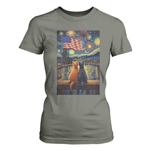Starry Night Cat Patriotic American Pride T Shirt For Women TS12 Military Green Print Your Wear