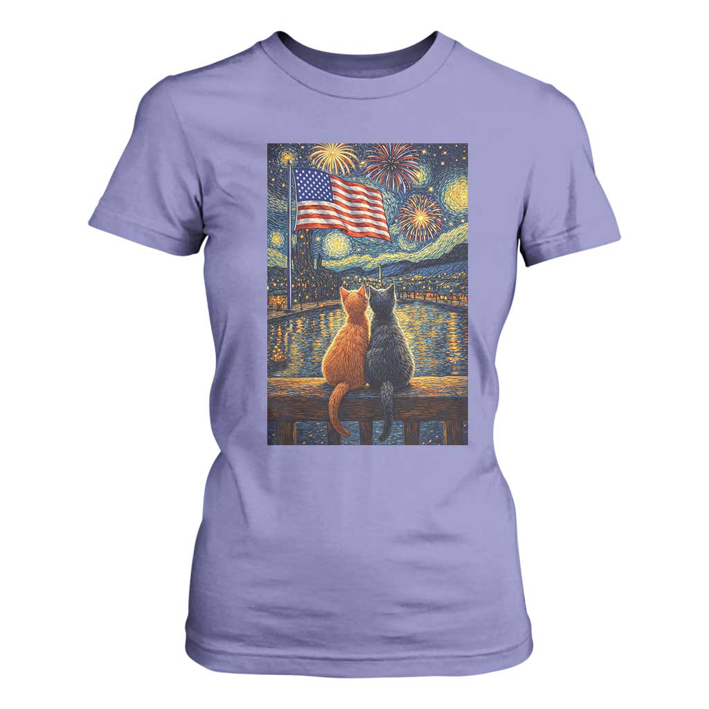Starry Night Cat Patriotic American Pride T Shirt For Women TS12 Violet Print Your Wear