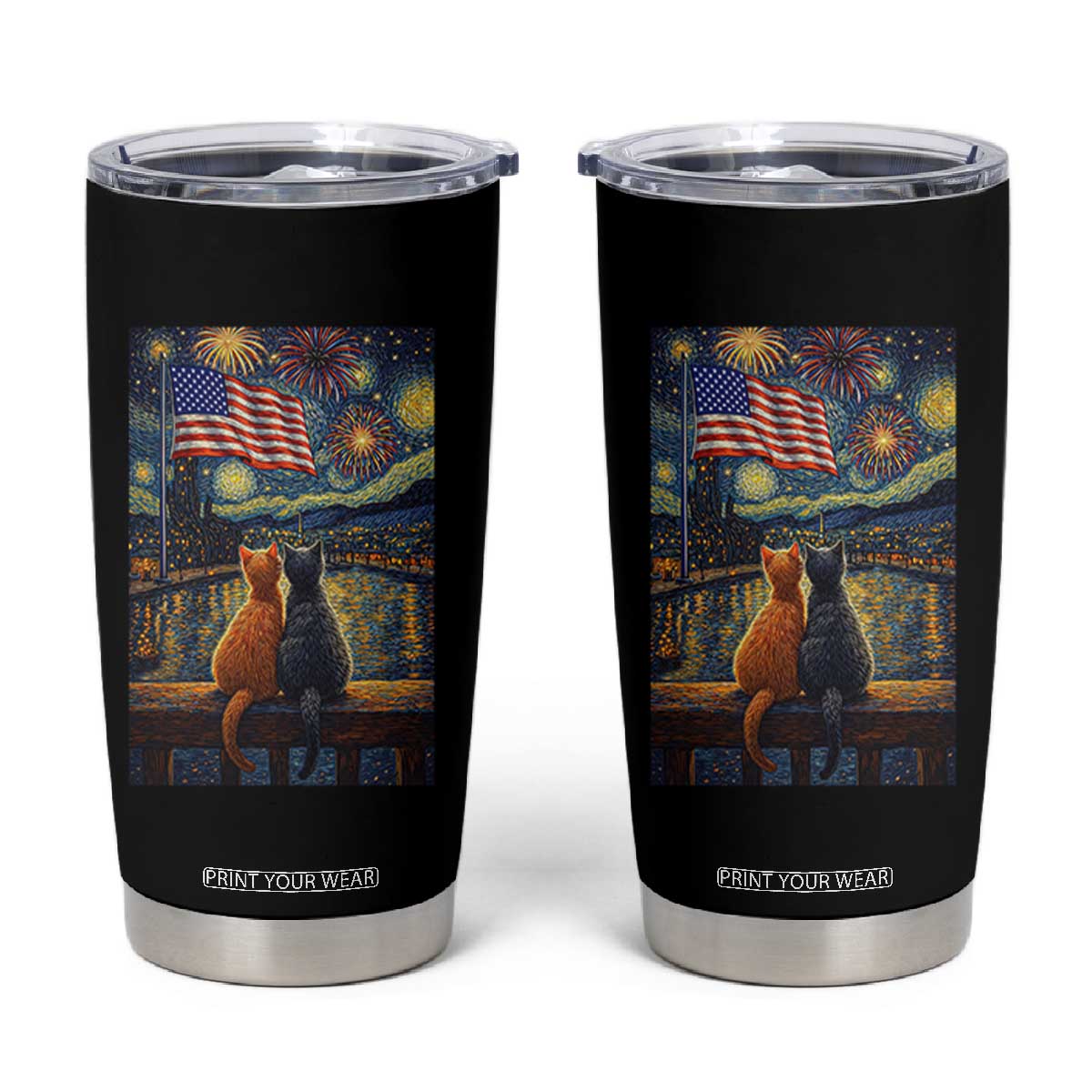 Starry Night Cat Patriotic American Pride Tumbler Cup TS12 Black Print Your Wear
