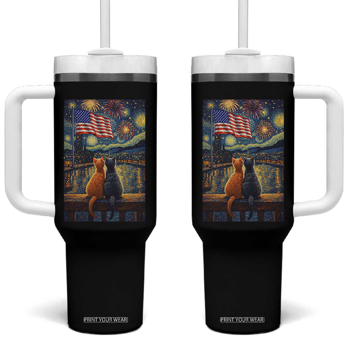 Starry Night Cat Patriotic American Pride Tumbler With Handle TS12 One Size: 40 oz Black Print Your Wear