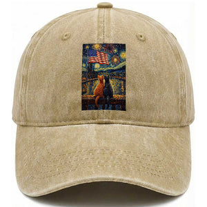 Starry Night Cat Patriotic American Pride Washed Cotton Baseball Cap TS12 Washed Cap Universal Fit Khaki Print Your Wear
