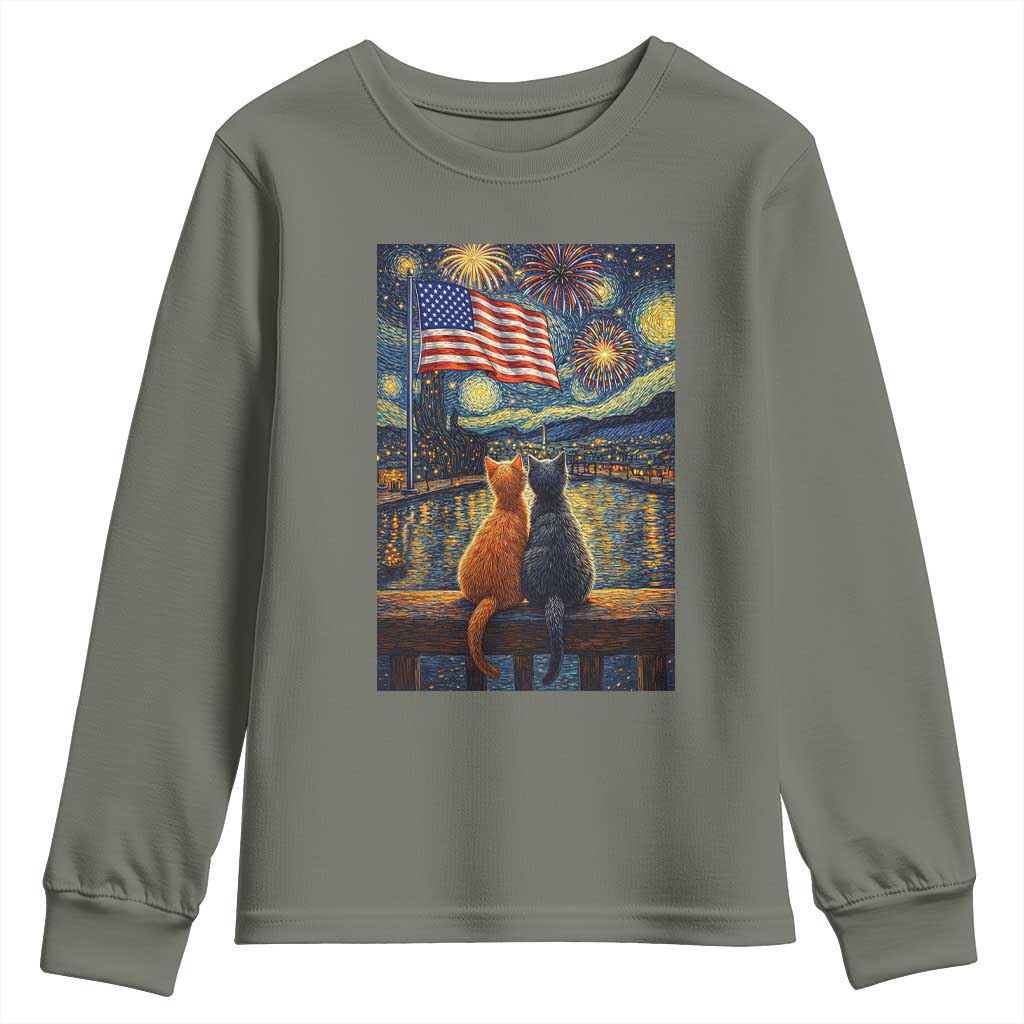 Starry Night Cat Patriotic American Pride Youth Sweatshirt TS12 Military Green Print Your Wear