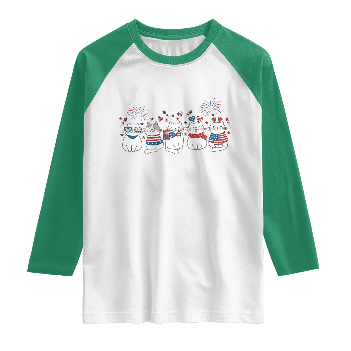 Patriotic Cat Lover Gift Raglan Shirt America 250 Anniversary TS12 White Kelly Green Print Your Wear