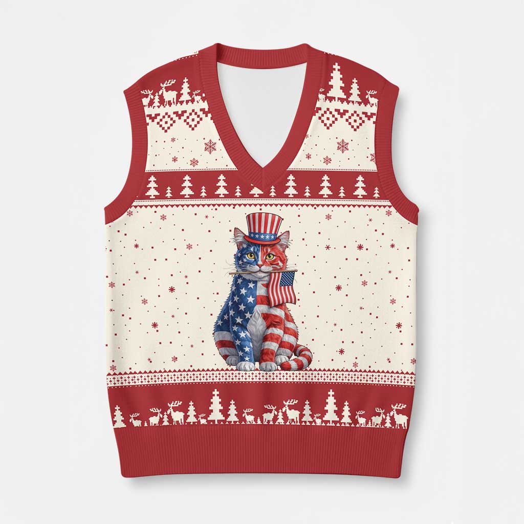 Proud American Cat Lover V-Neck Knit Sweater Vest Patriotic Animal Lover Gift TS12 Beige Red Print Your Wear