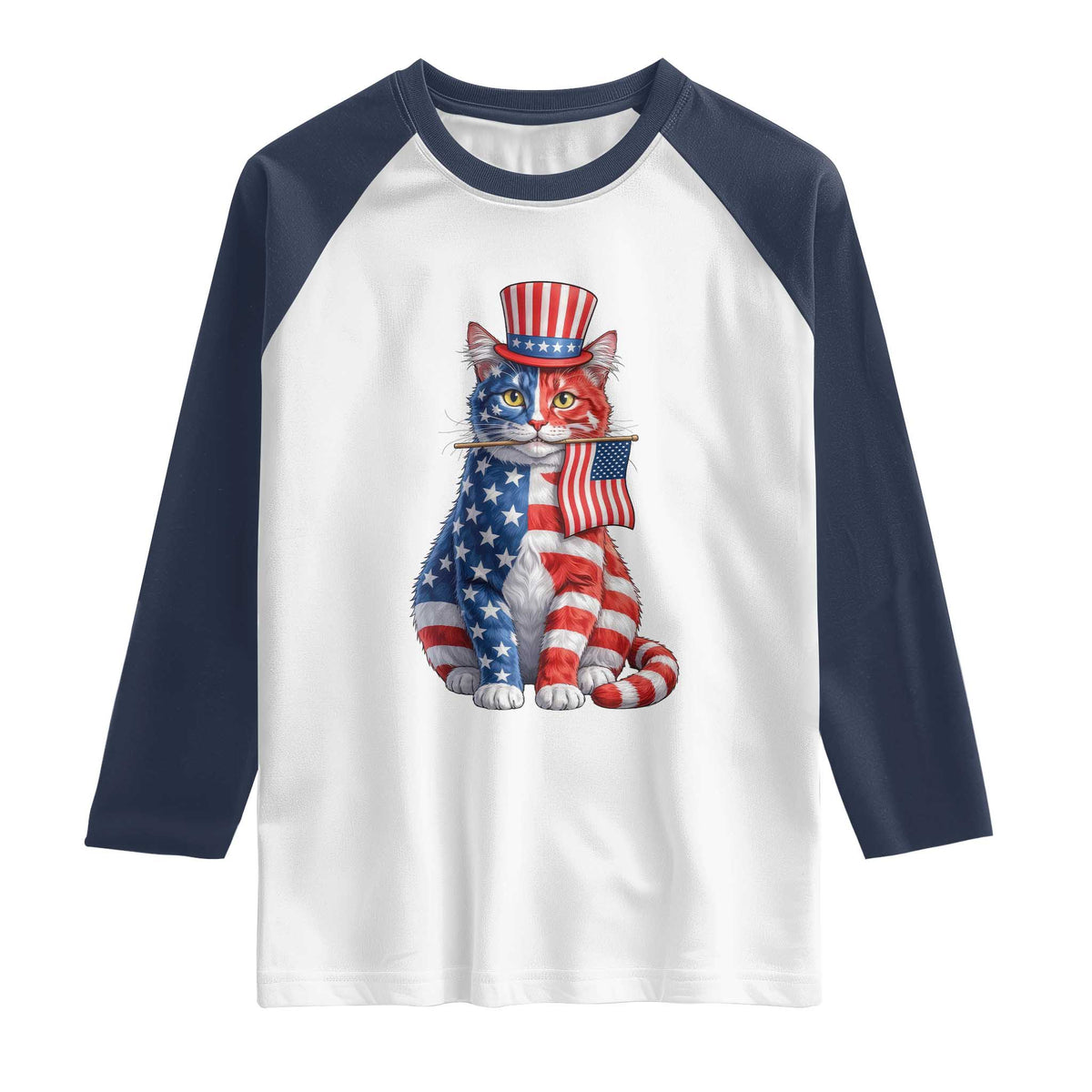 Proud American Cat Lover Raglan Shirt Patriotic Animal Lover Gift TS12 White Navy Print Your Wear