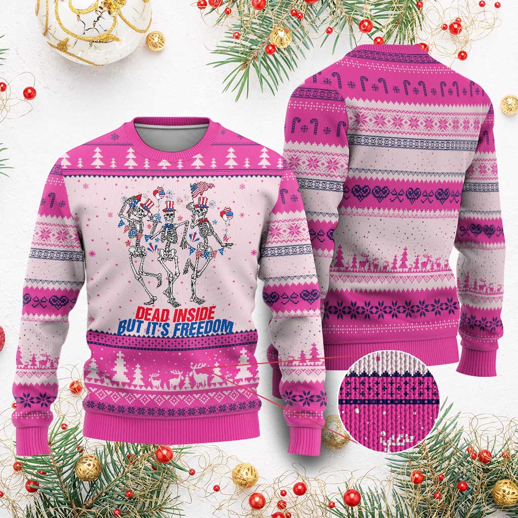 Patriotic Dancing Skeleton Ugly Christmas Sweater Dead Inside But Its Freedom TS12 Hot Pink Print Your Wear
