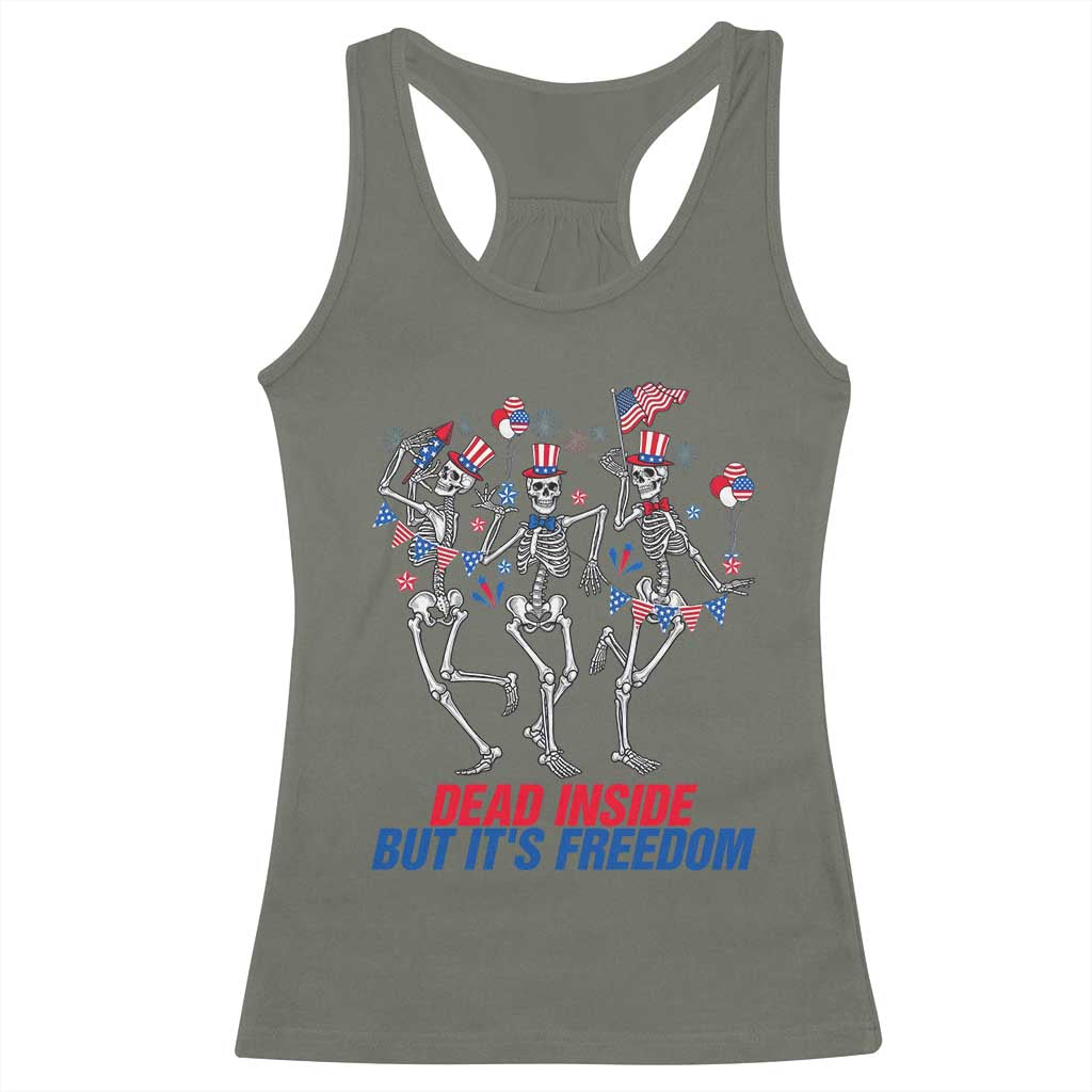 Patriotic Dancing Skeleton Racerback Tank Top Dead Inside But Its Freedom TS12 Military Green Print Your Wear
