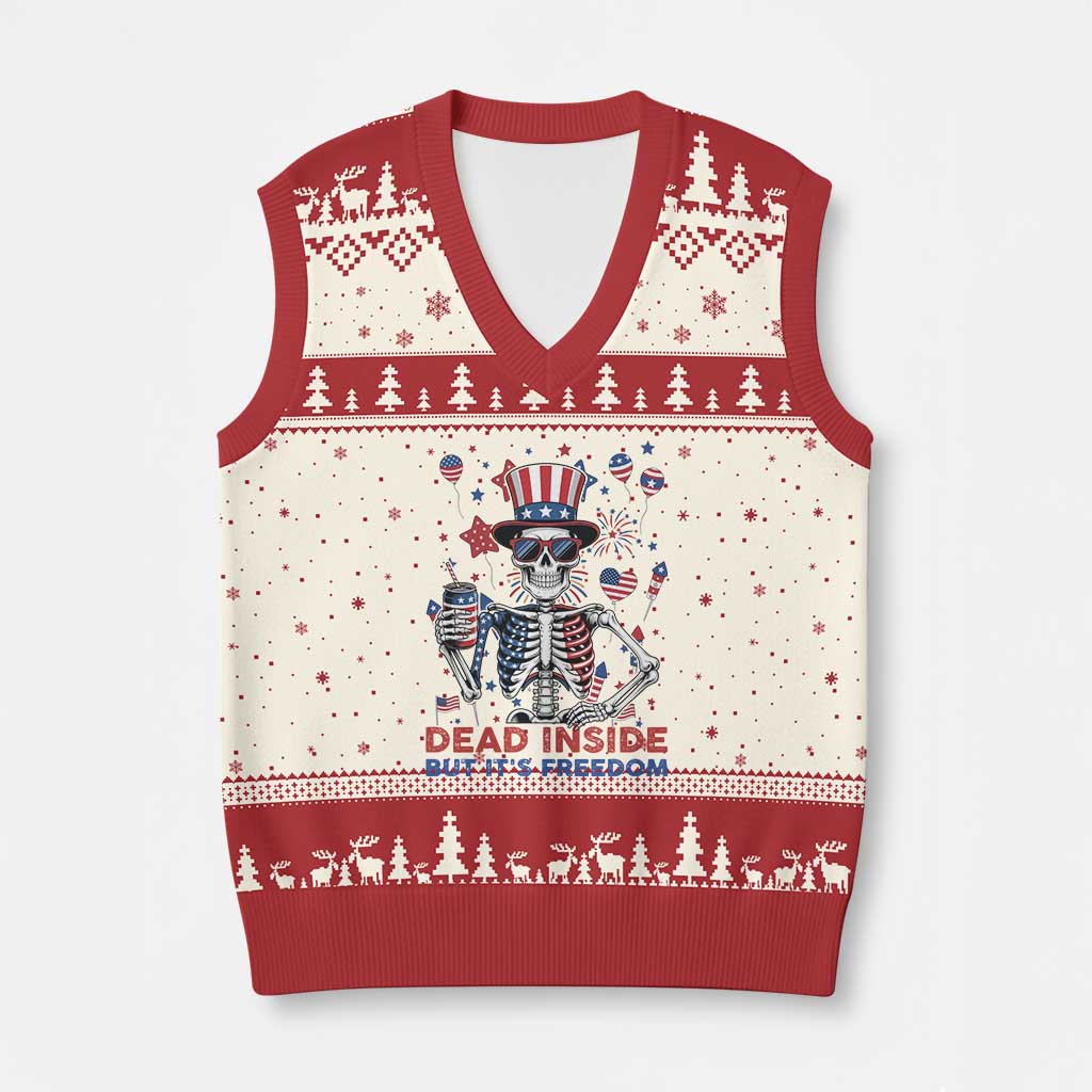 Funny Skeleton Dead Inside But Its Freedom V-Neck Knit Sweater Vest Patriotic Gift TS12 Beige Red Print Your Wear
