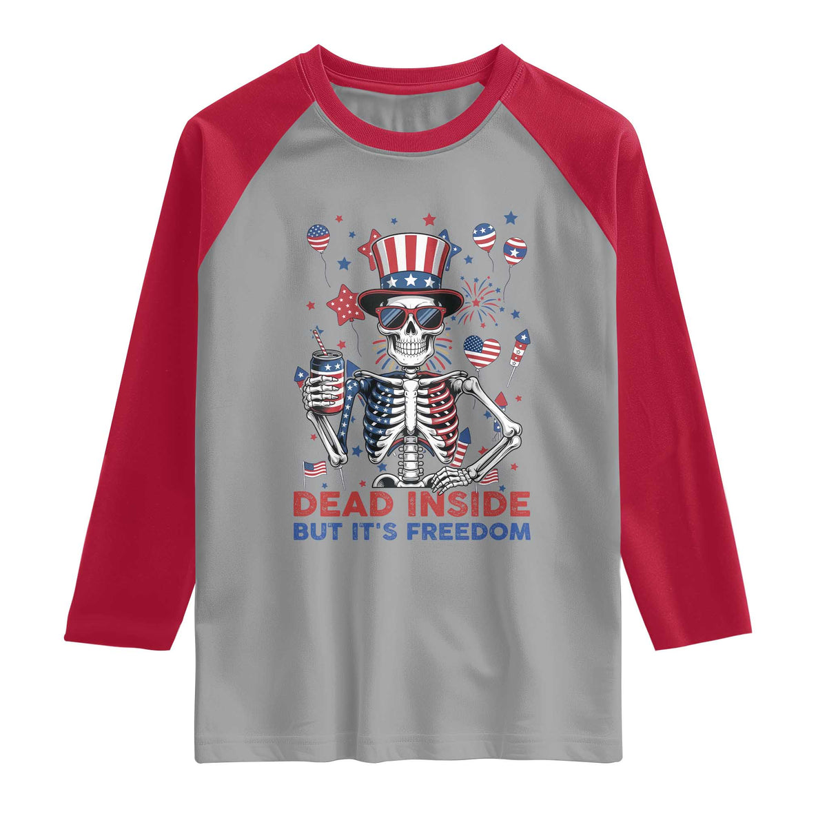 Funny Skeleton Dead Inside But Its Freedom Raglan Shirt Patriotic Gift TS12 Sport Gray Red Print Your Wear