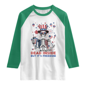 Funny Skeleton Dead Inside But Its Freedom Raglan Shirt Patriotic Gift TS12 White Kelly Green Print Your Wear