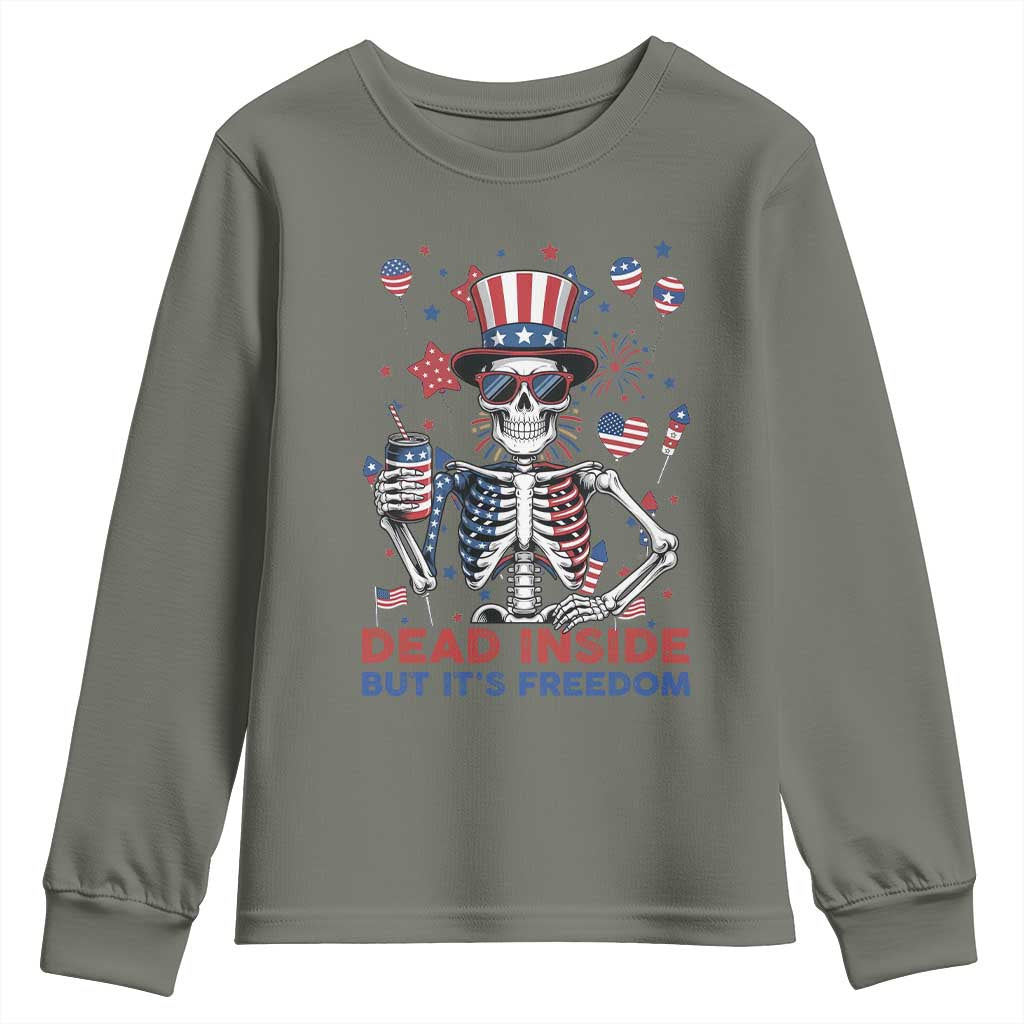Funny Skeleton Dead Inside But Its Freedom Youth Sweatshirt Patriotic Gift TS12 Military Green Print Your Wear