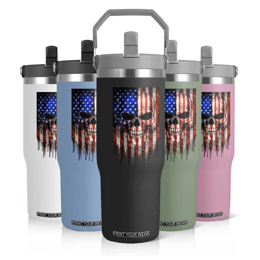 Patriotic Skull American Flag USA Pride Flip Straw Tumbler TS12 Print Your Wear
