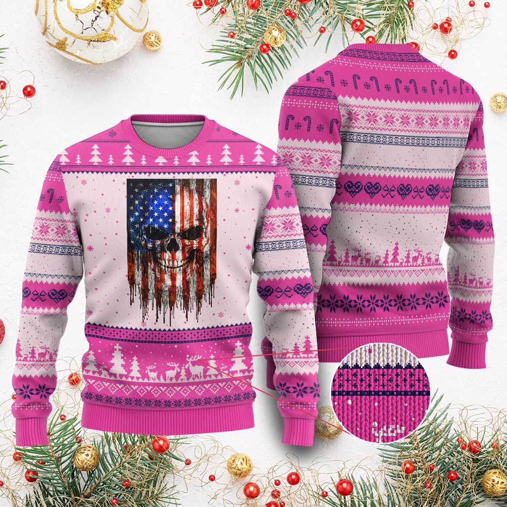Patriotic Skull American Flag USA Pride Ugly Christmas Sweater TS12 Hot Pink Print Your Wear