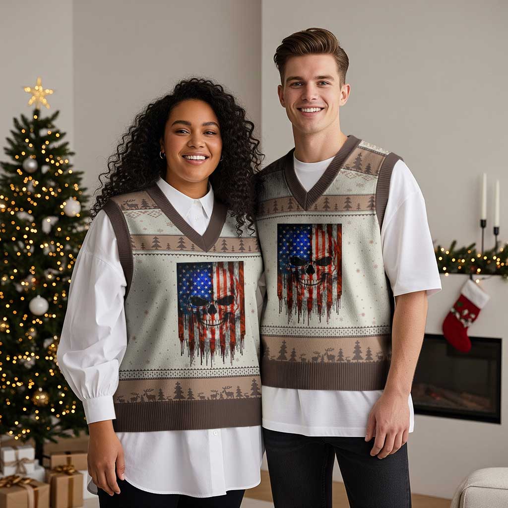 Patriotic Skull American Flag USA Pride V-Neck Knit Sweater Vest TS12 Mocha Mousse Print Your Wear