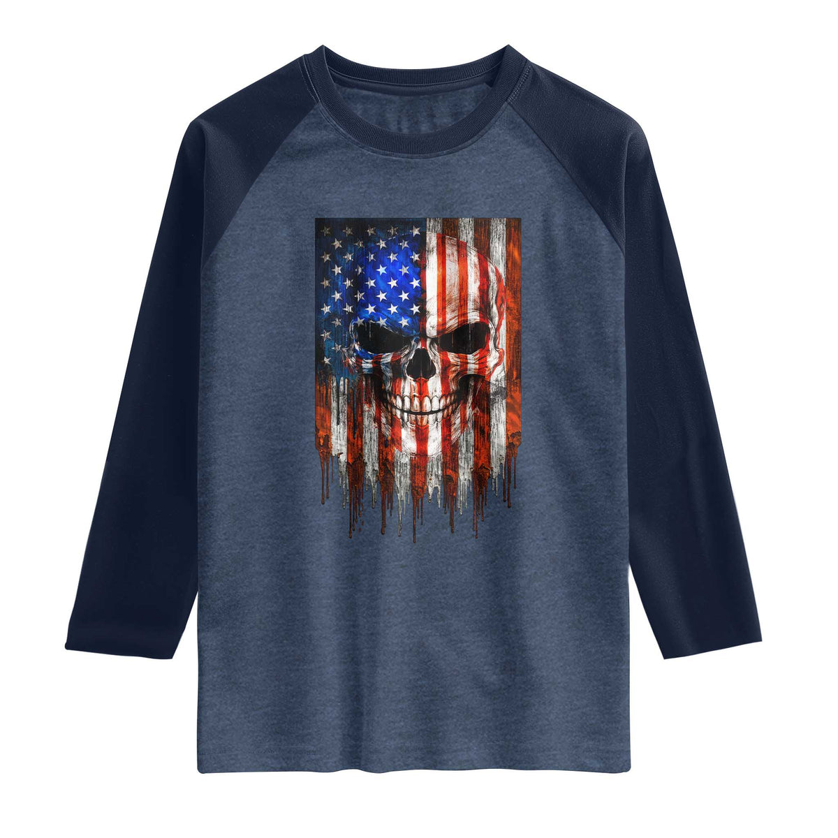 Patriotic Skull American Flag USA Pride Raglan Shirt TS12 Heather Denim Navy Print Your Wear