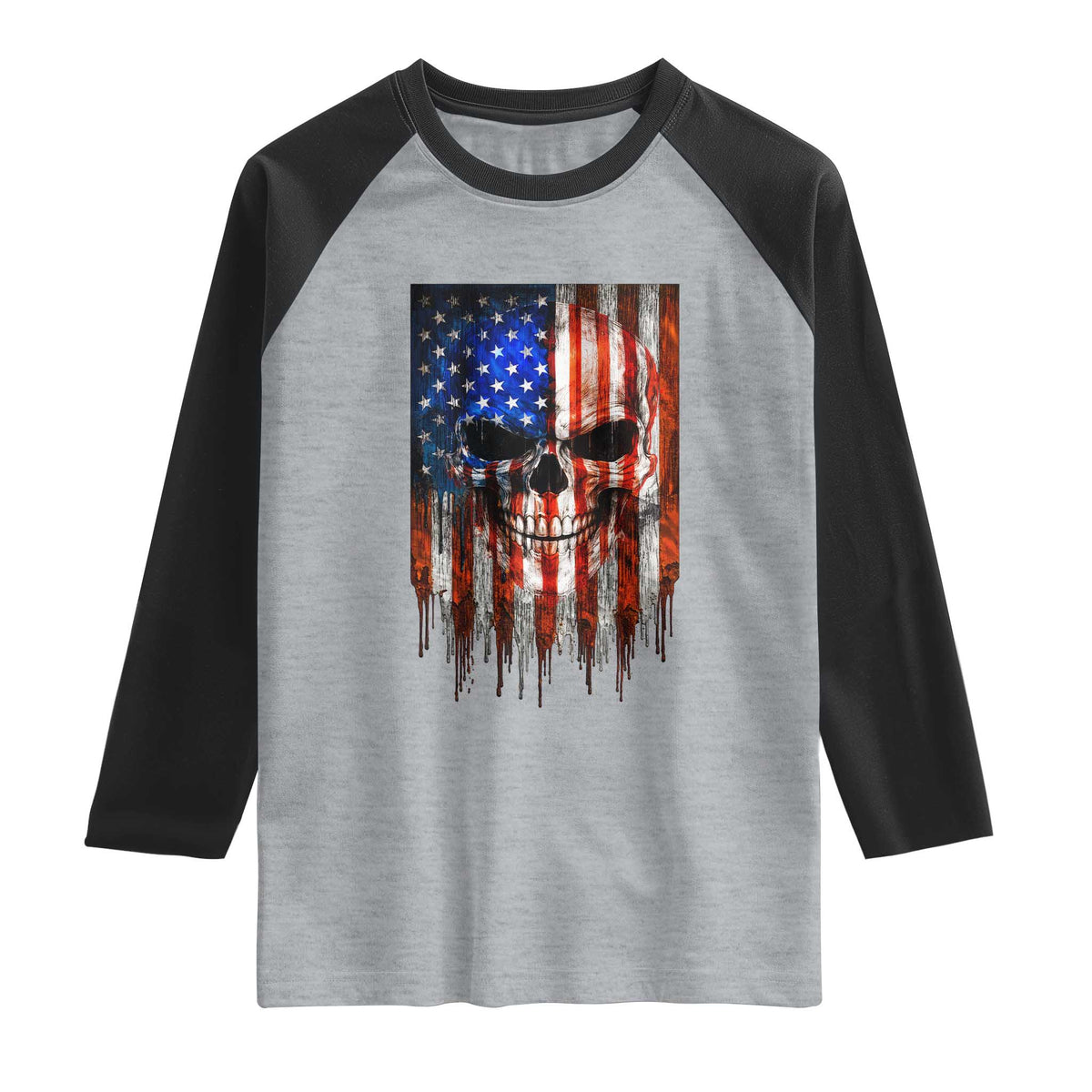 Patriotic Skull American Flag USA Pride Raglan Shirt TS12 Heather Gray Black Print Your Wear