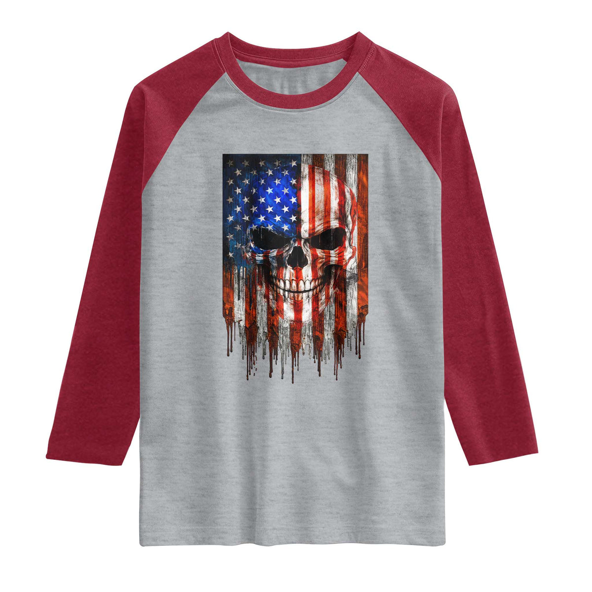 Patriotic Skull American Flag USA Pride Raglan Shirt TS12 Heather Gray Heather Red Print Your Wear