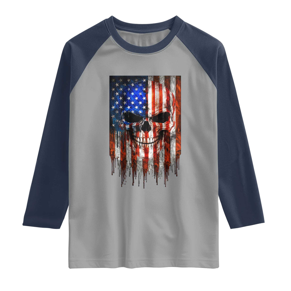 Patriotic Skull American Flag USA Pride Raglan Shirt TS12 Sport Gray Navy Print Your Wear