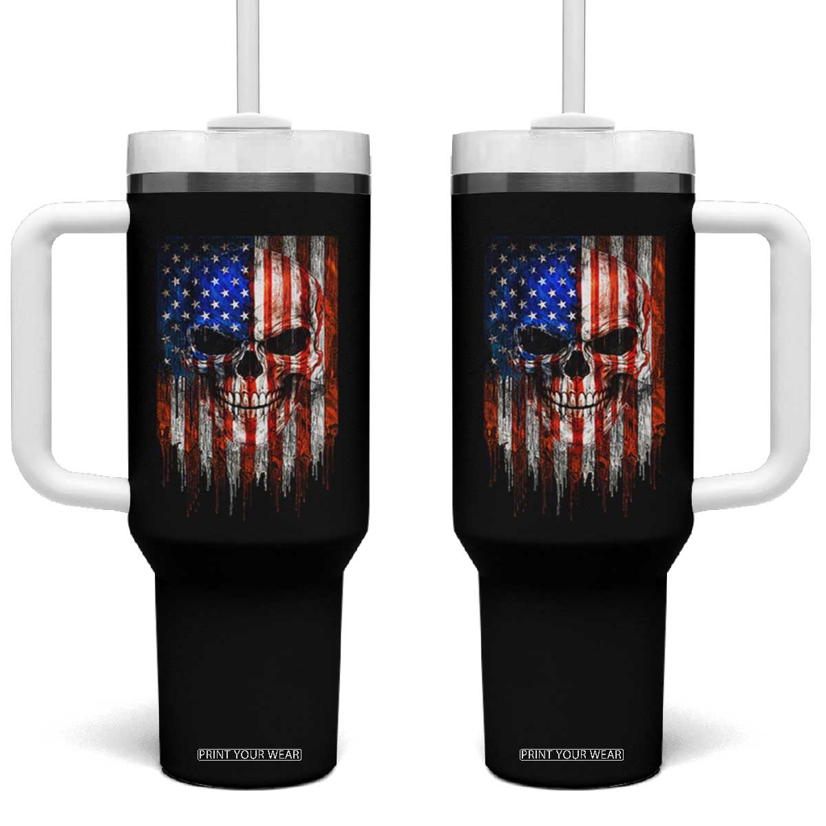 Patriotic Skull American Flag USA Pride Tumbler With Handle TS12 One Size: 40 oz Black Print Your Wear