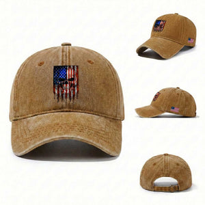 Patriotic Skull American Flag USA Pride Washed Cotton Baseball Cap TS12 Washed Cap Universal Fit Yellow Ochre Print Your Wear