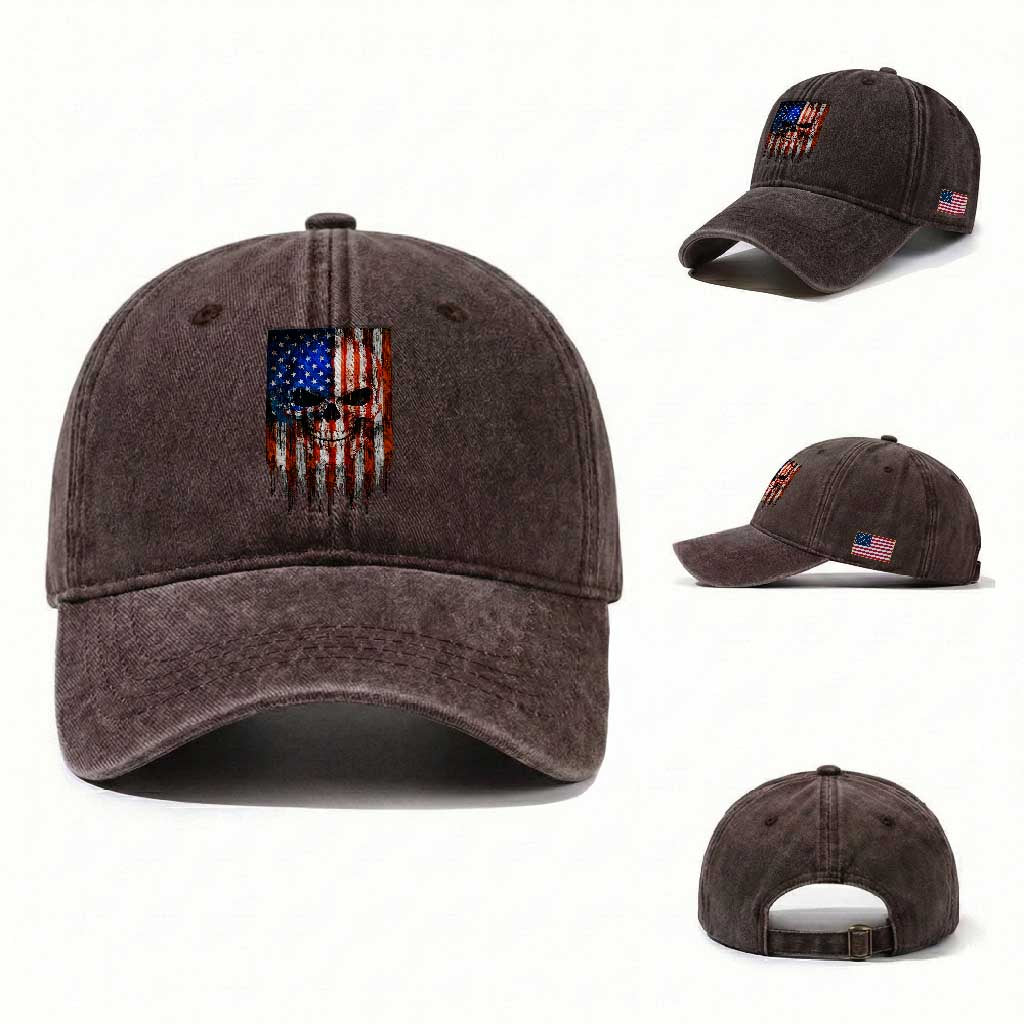 Patriotic Skull American Flag USA Pride Washed Cotton Baseball Cap TS12 Washed Cap Universal Fit Dark Brown Print Your Wear