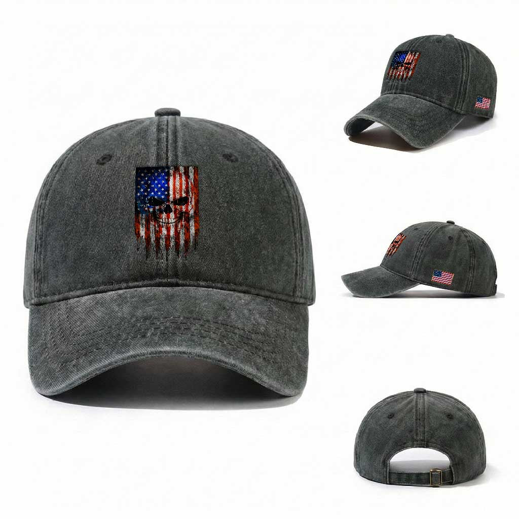 Patriotic Skull American Flag USA Pride Washed Cotton Baseball Cap TS12 Washed Cap Universal Fit Dark Green Print Your Wear
