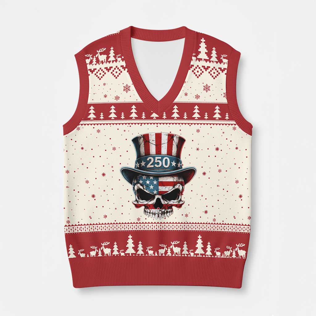 American Flag Skull Patriotic Pride V-Neck Knit Sweater Vest USA 250 Anniversary TS12 Beige Red Print Your Wear