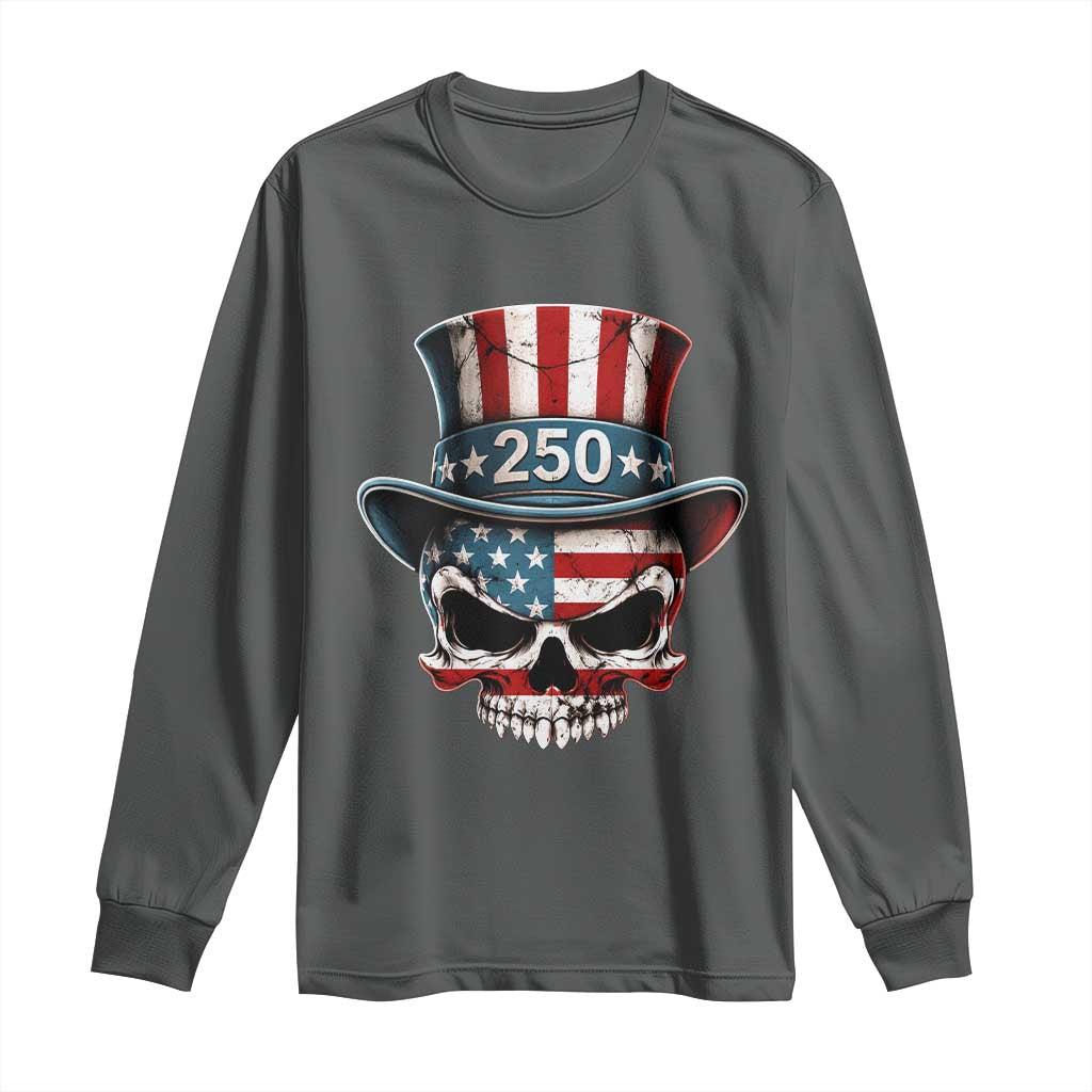 American Flag Skull Patriotic Pride Long Sleeve Shirt USA 250 Anniversary TS12 Dark Heather Print Your Wear