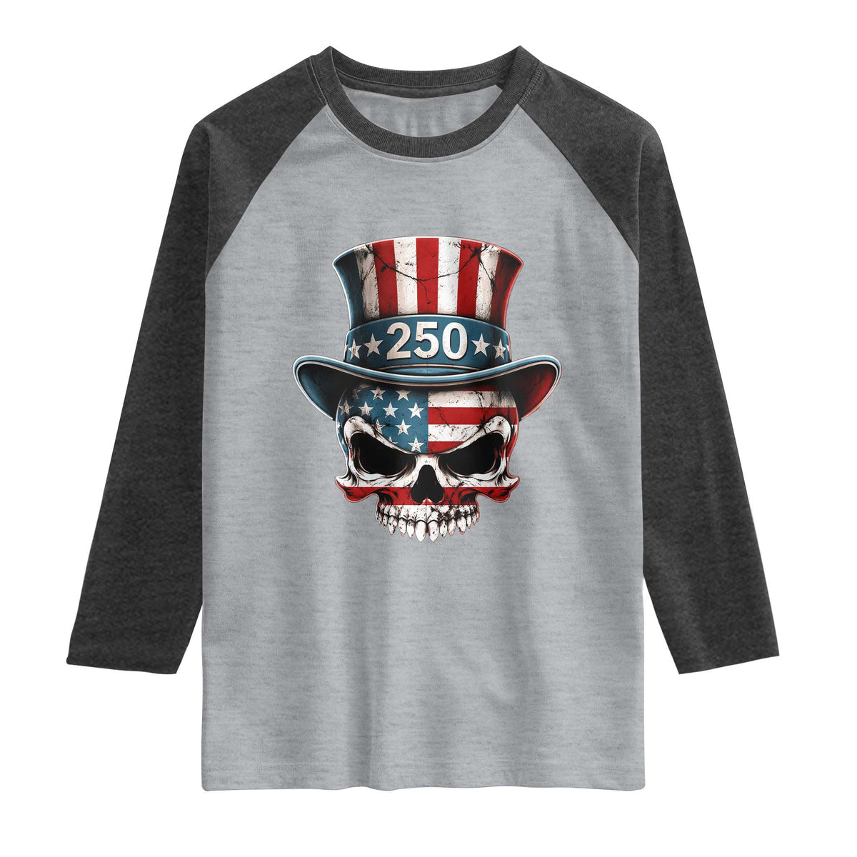American Flag Skull Patriotic Pride Raglan Shirt USA 250 Anniversary TS12 Heather Gray Heather Charcoal Print Your Wear