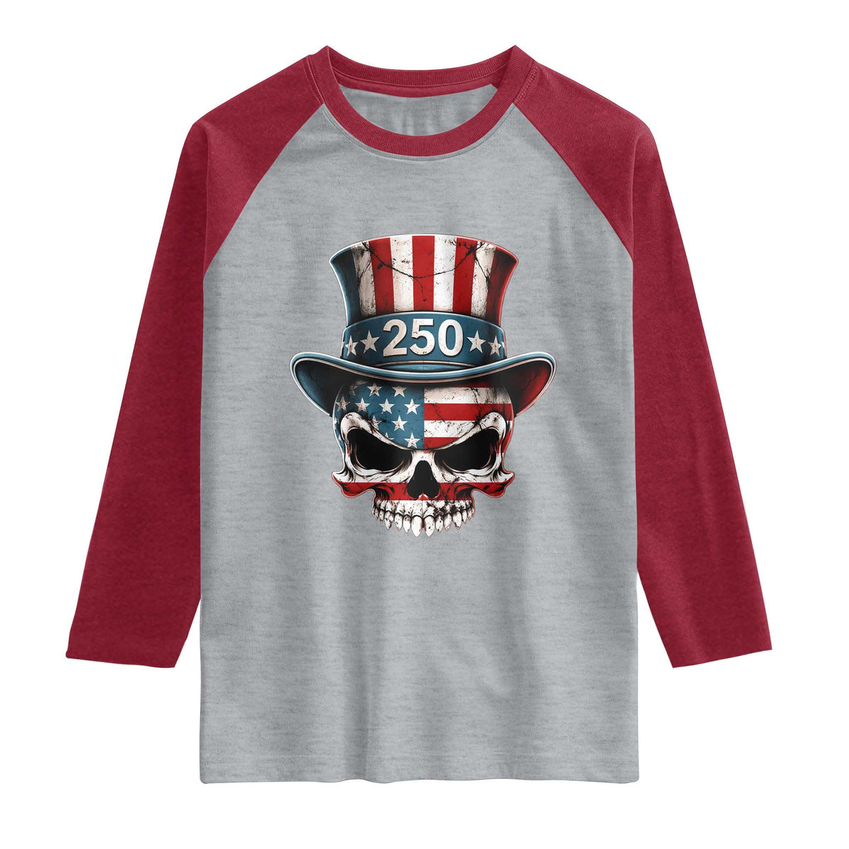 American Flag Skull Patriotic Pride Raglan Shirt USA 250 Anniversary TS12 Heather Gray Heather Red Print Your Wear