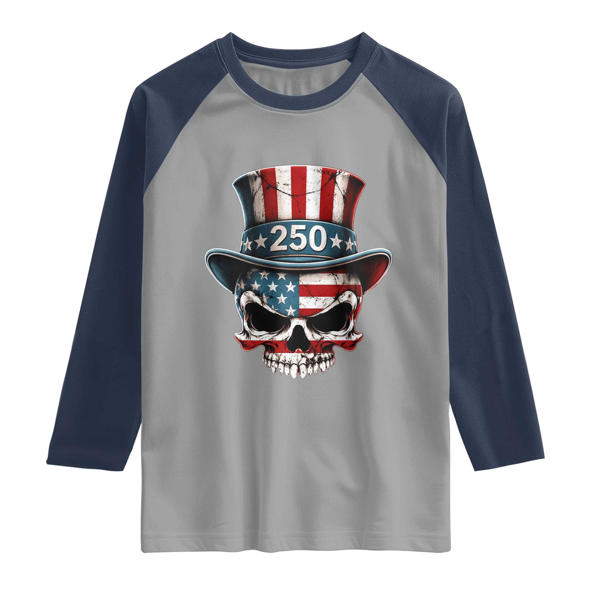 American Flag Skull Patriotic Pride Raglan Shirt USA 250 Anniversary TS12 Sport Gray Navy Print Your Wear