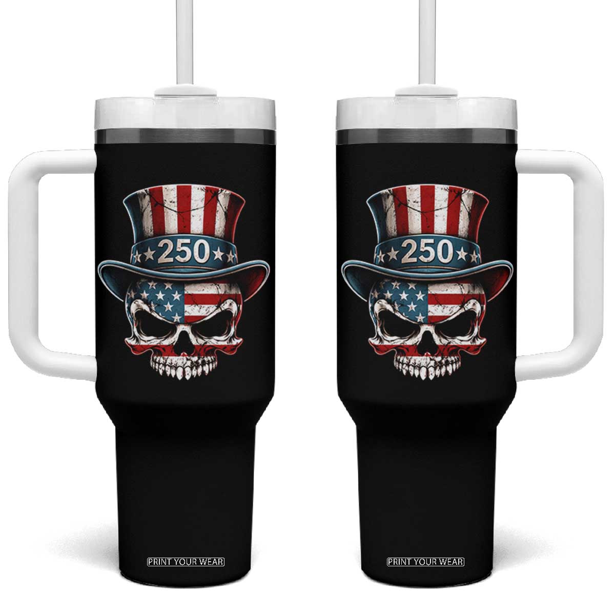 American Flag Skull Patriotic Pride Tumbler With Handle USA 250 Anniversary TS12 One Size: 40 oz Black Print Your Wear