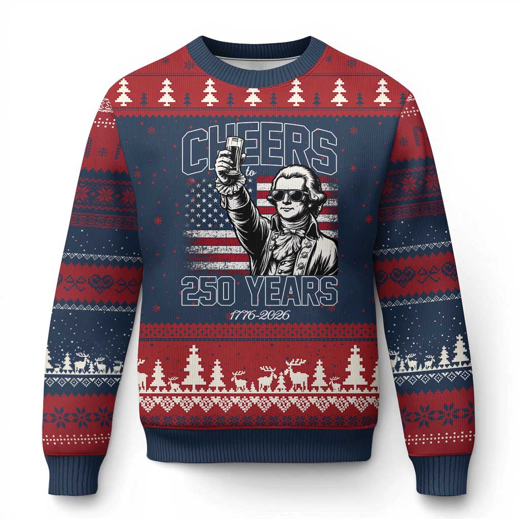 Patriotic Thomas Jefferson Ugly Christmas Sweater Cheers To 250 Years TS12 Navy Red Print Your Wear