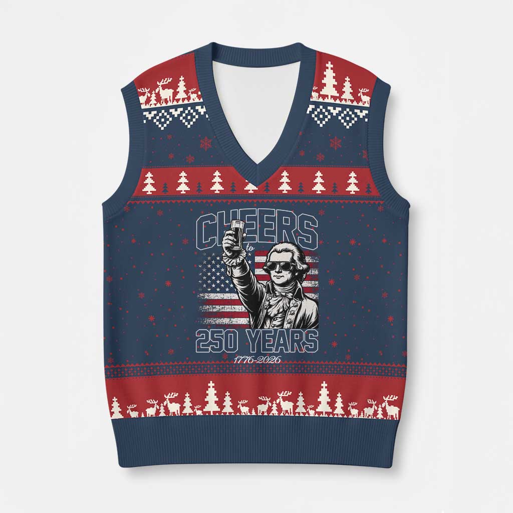Patriotic Thomas Jefferson V-Neck Knit Sweater Vest Cheers To 250 Years TS12 Navy Red Print Your Wear